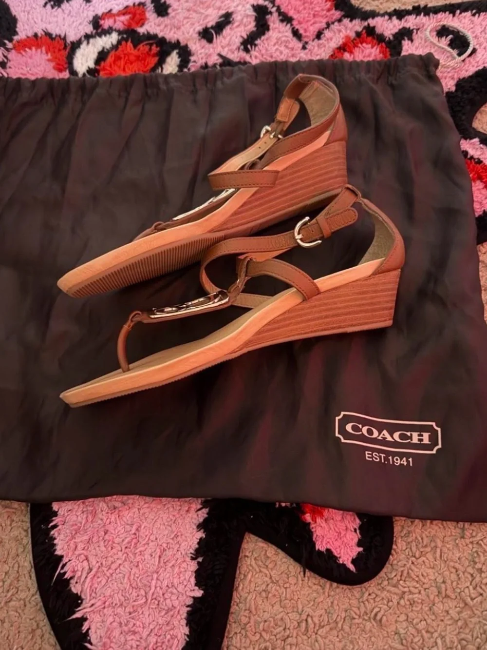 COACH Brown Leather T-Strap Sandals with Silver Logo Plaque